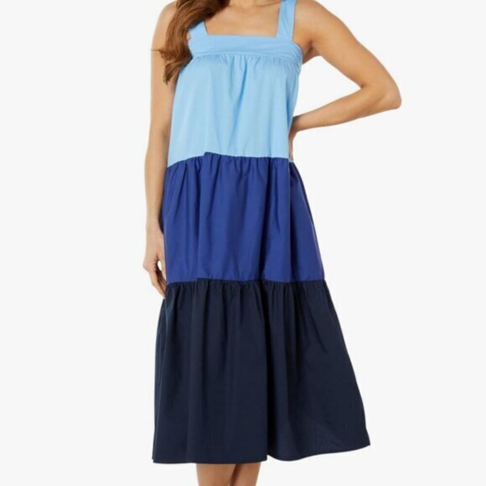 Moon River Sleeveless Multicolored Blue Tiered Midi Dress Color Block